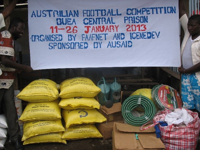 Supplies being donated during a football competition at Buea Central Prison