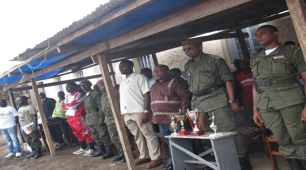 Officials and spectators at the Buea Central Prison football finals