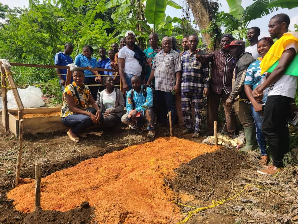 A group standing in a field during a yam mini sett propagation practical