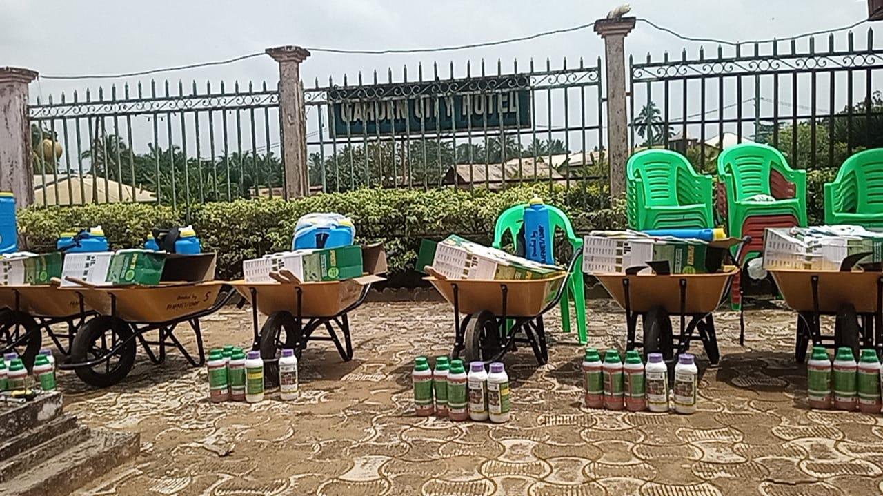 Wheelbarrows, chairs and agricultural inputs laid out before distribution